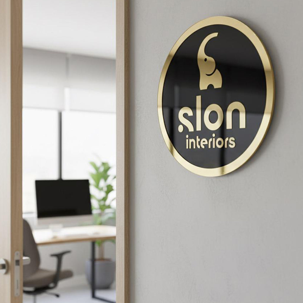 Premium 3D Acrylic Gold Logo Board – Black Base with Gold Letters | Easy Adhesive Installation