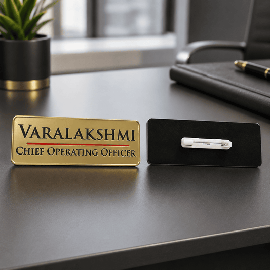 Customized Gold Acrylic Name Badge with Pin | Corporate Employee & Event Badge