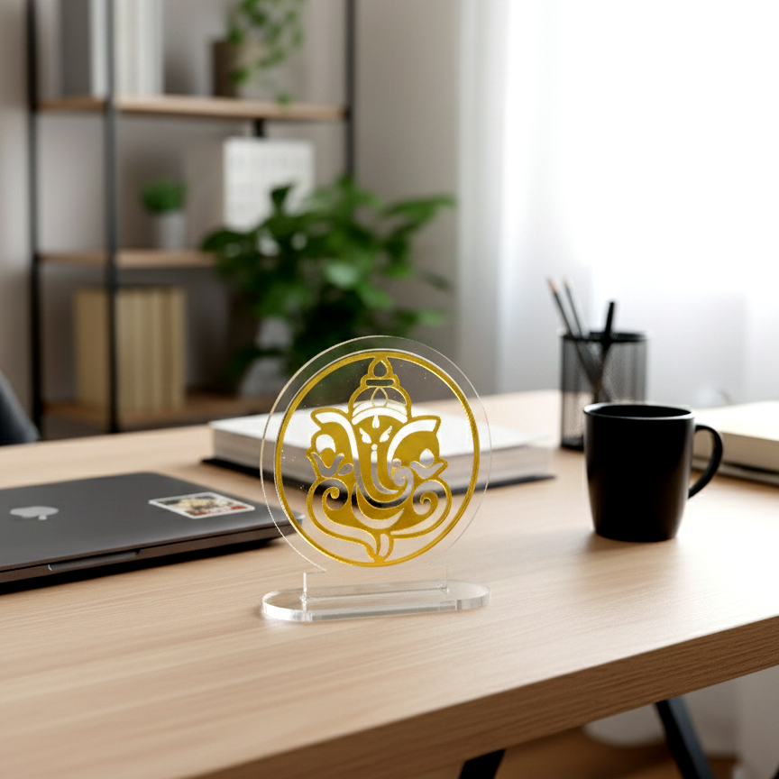 Ganesh Acrylic Mount – Gold Laser Cut Divine Stand for Home, Office & Car