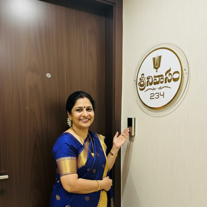 Telugu Acrylic House Name Plate with Balaji Logo | Gold Letters on White & Clear Acrylic