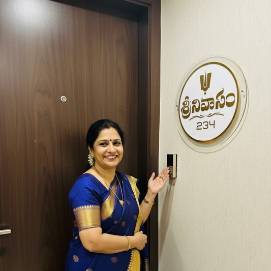 Telugu Acrylic House Name Plate with Balaji Logo | Gold Letters on White & Clear Acrylic