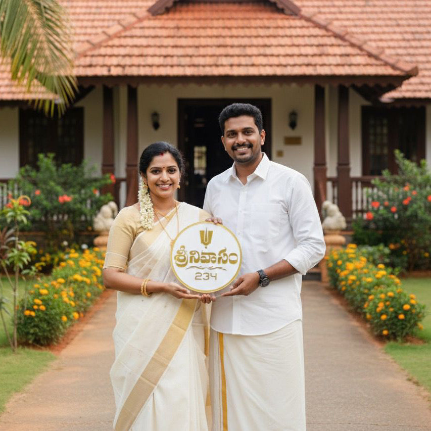 Telugu Acrylic House Name Plate with Balaji Logo | Gold Letters on White & Clear Acrylic