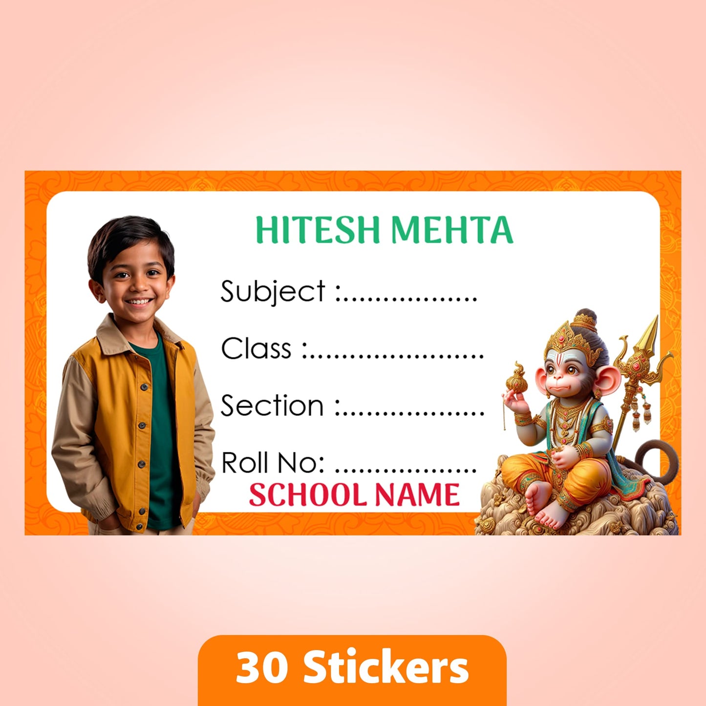 Customized Book Labels with Kid's Photo & Hindu Gods Designs – Set of 30 Stickers