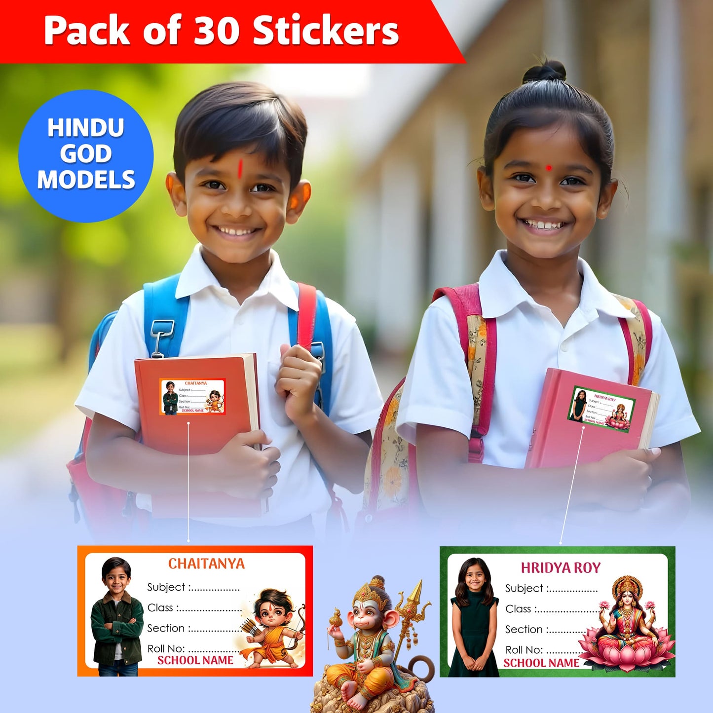 Customized Book Labels with Kid's Photo & Hindu Gods Designs – Set of 30 Stickers