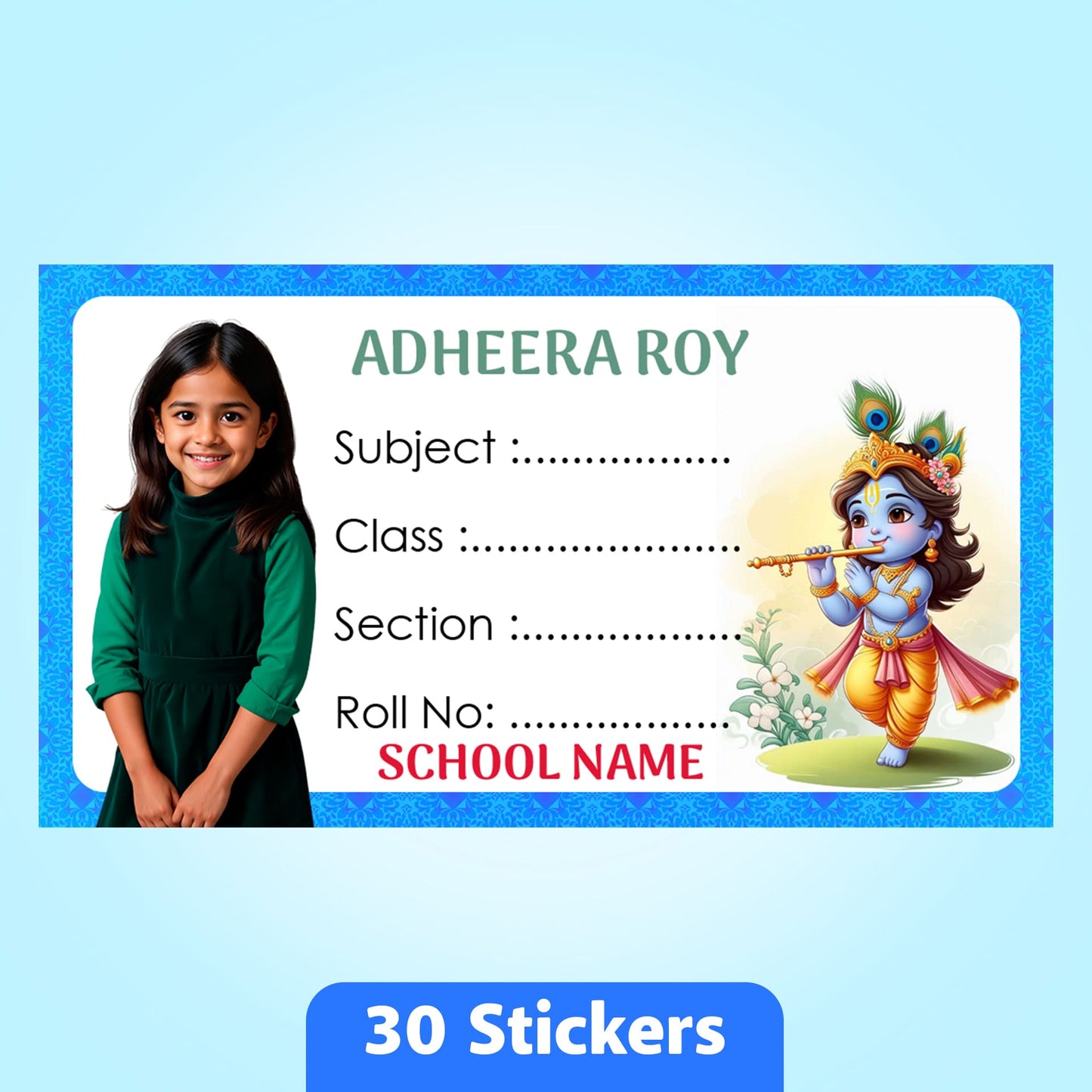 Customized Book Labels with Kid's Photo & Hindu Gods Designs – Set of 30 Stickers