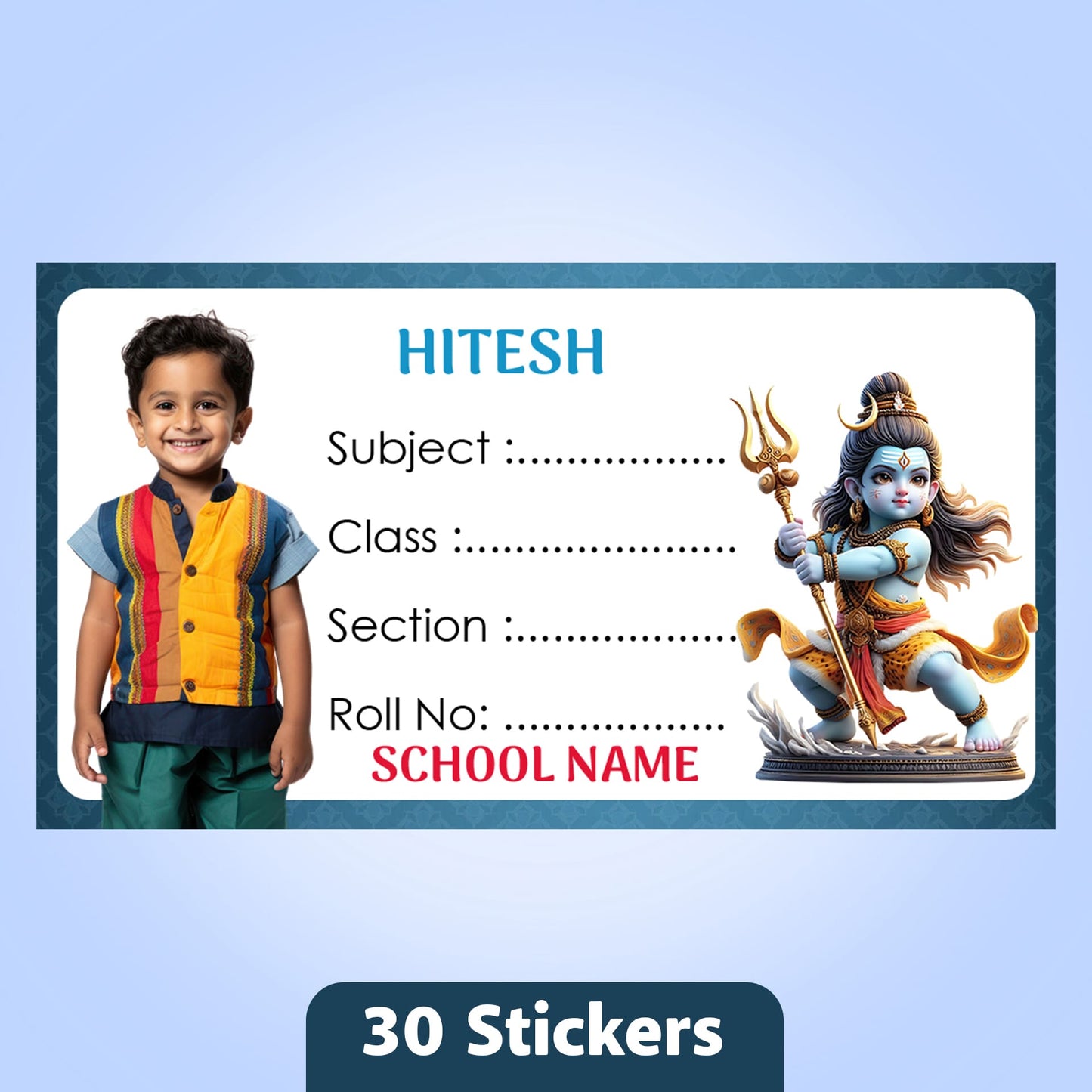 Customized Book Labels with Kid's Photo & Hindu Gods Designs – Set of 30 Stickers