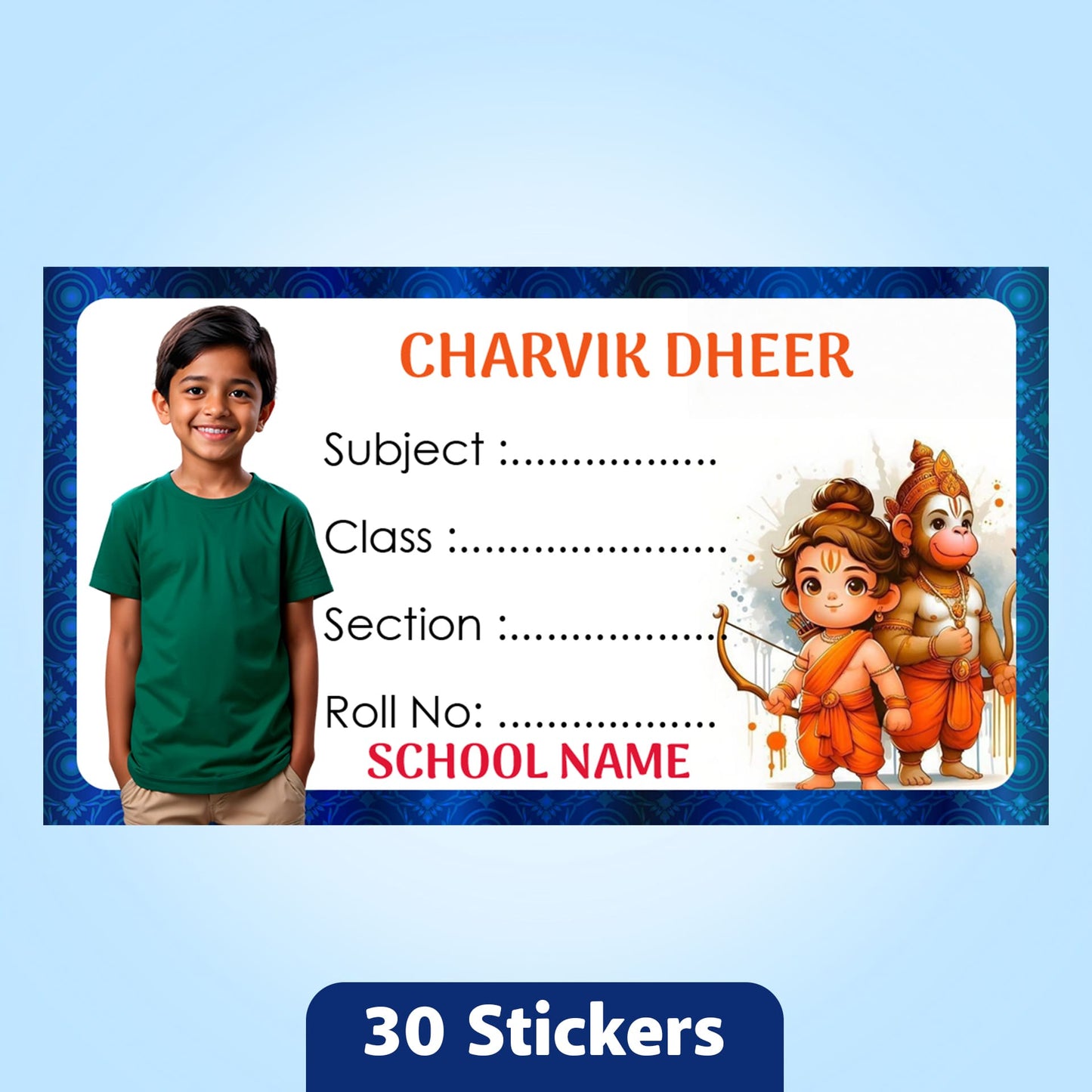 Customized Book Labels with Kid's Photo & Hindu Gods Designs – Set of 30 Stickers