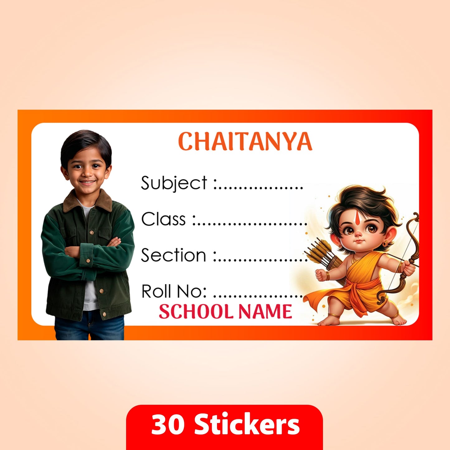 Customized Book Labels with Kid's Photo & Hindu Gods Designs – Set of 30 Stickers