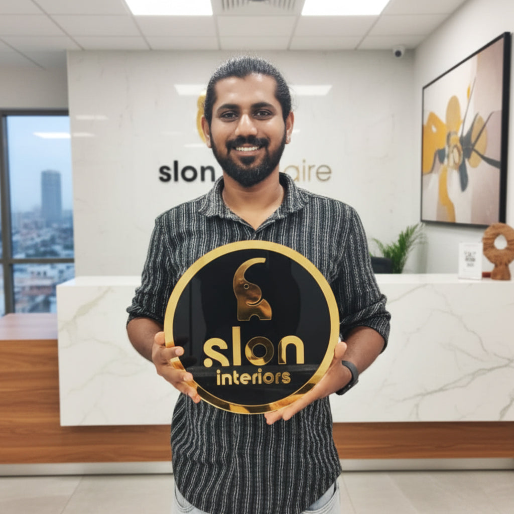 Premium 3D Acrylic Gold Logo Board – Black Base with Gold Letters | Easy Adhesive Installation