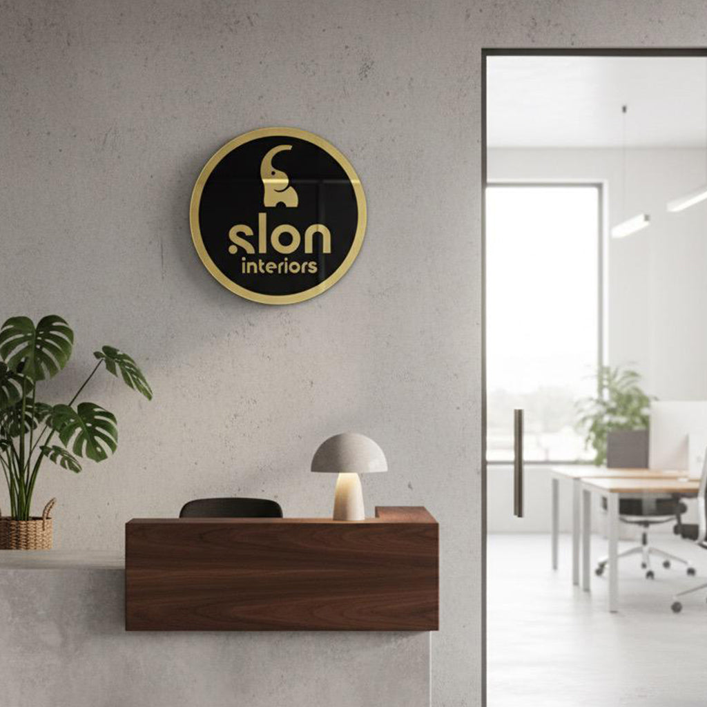 Premium 3D Acrylic Gold Logo Board – Black Base with Gold Letters | Easy Adhesive Installation