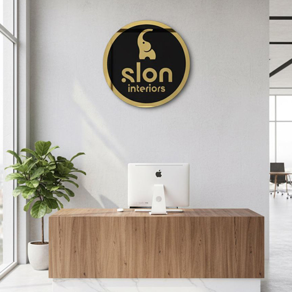 Premium 3D Acrylic Gold Logo Board – Black Base with Gold Letters | Easy Adhesive Installation