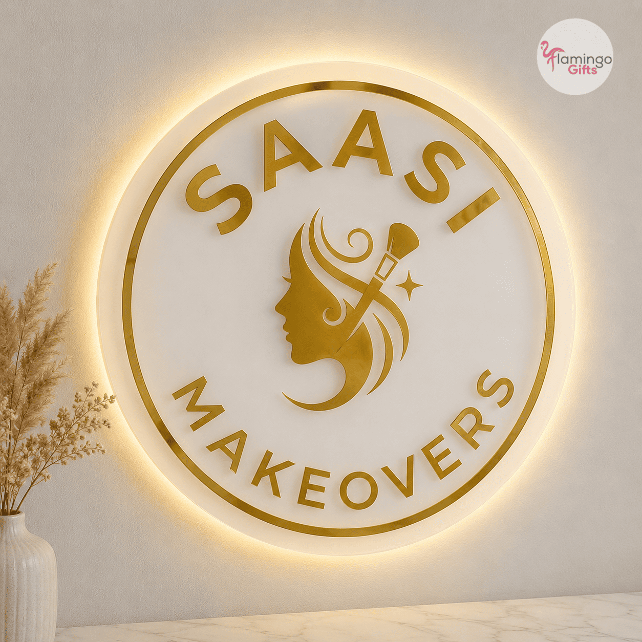 LED Logo Mount – Frosted Acrylic & Gold Acrylic Logo with Warm White Backlight