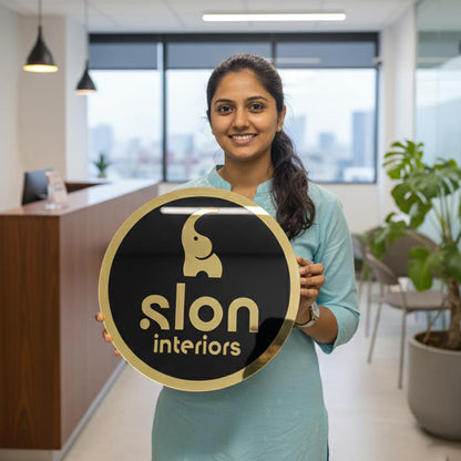 Premium 3D Acrylic Gold Logo Board – Black Base with Gold Letters | Easy Adhesive Installation