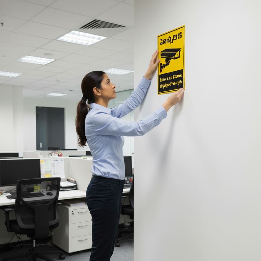 A4 CCTV Sign Sticker in Telugu Waterproof 3M Brand Pack of 4