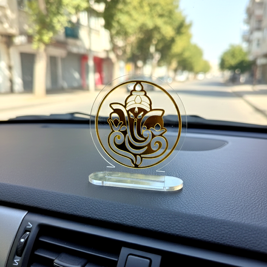 Ganesh Acrylic Mount – Gold Laser Cut Divine Stand for Home, Office & Car