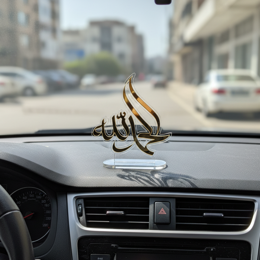 Premium Acrylic Mashalla Stand – 4x4 Inches | Gold Text | Perfect for Office, Home & Car Dashboard