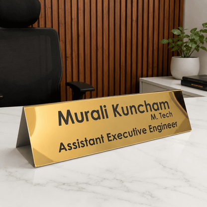 Customized SS Table Name Plate – Gold & Silver | Rust Proof Office Desk Name Plate